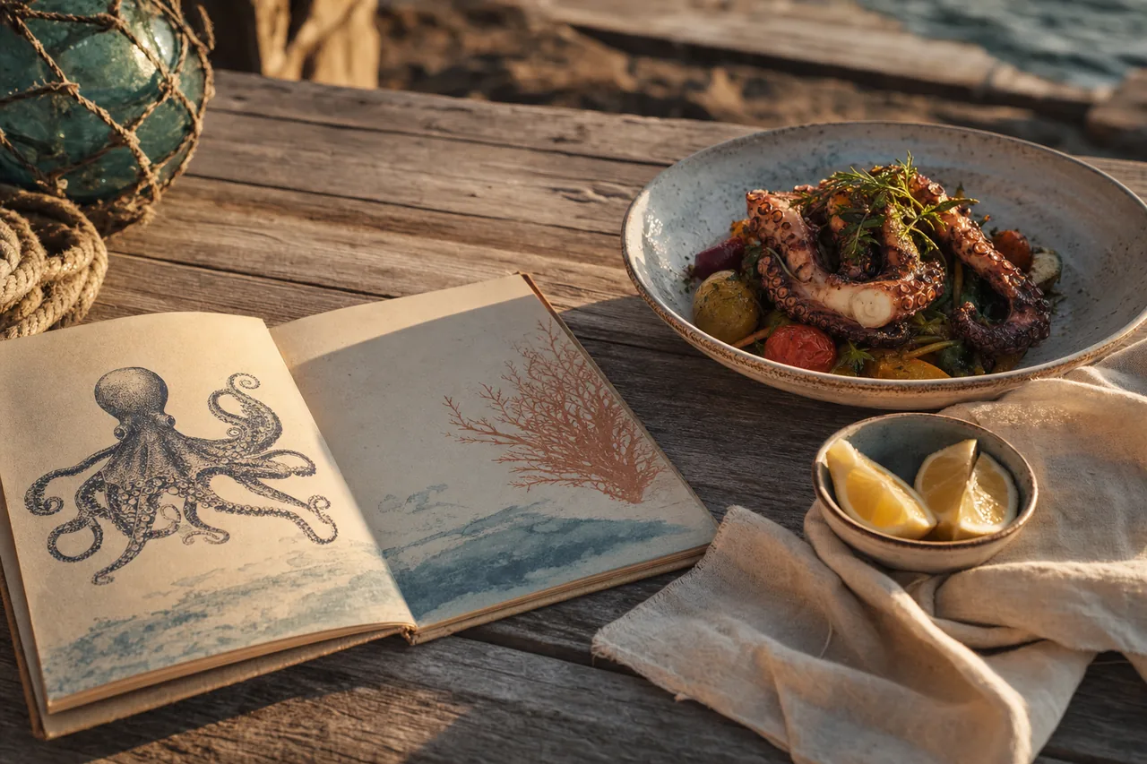 Grilled octopus with lemon and griddled vegetables, a dish with no cereals containing gluten