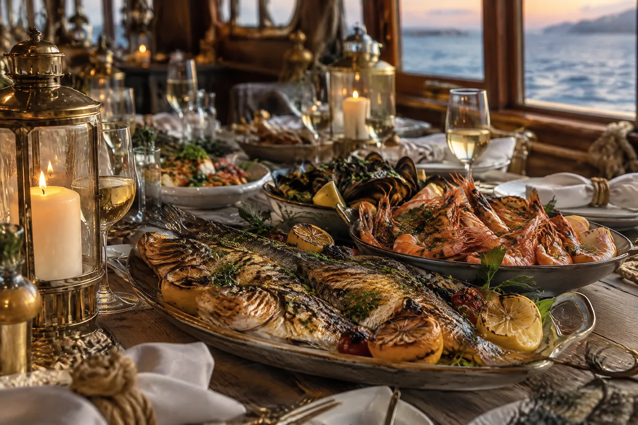 A large platter of Black Sea fish, prawns and mussels served for sharing at a festive table