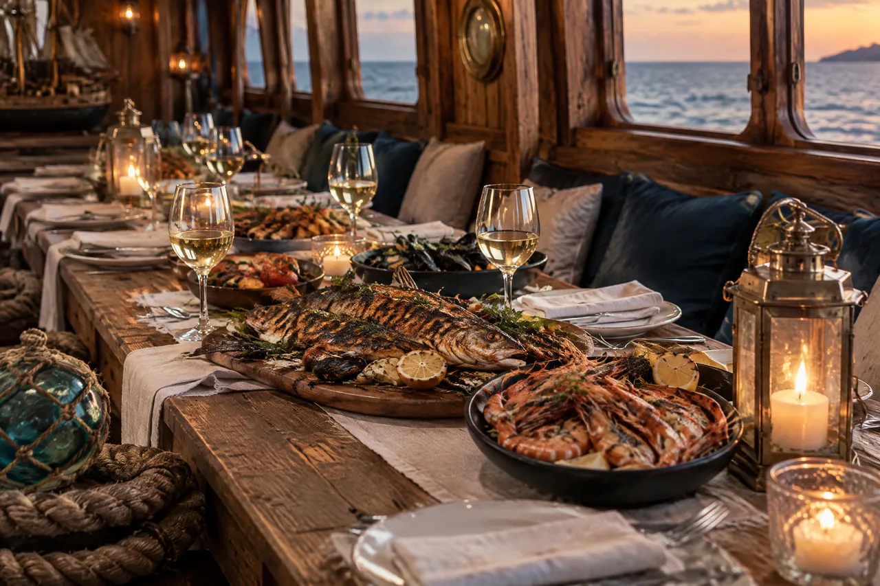 A long festive table in the wooden hall of a galleon, with candles, seafood platters and glasses of wine