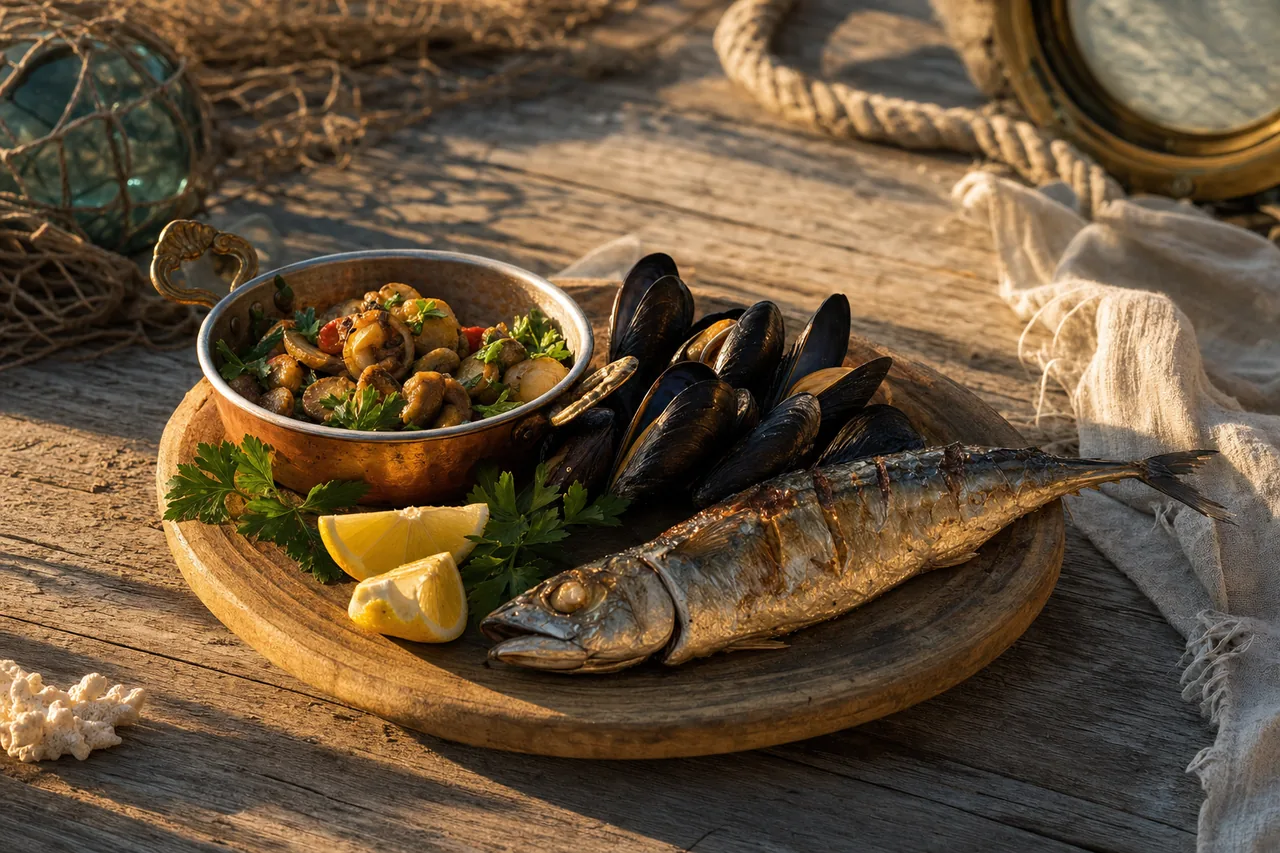 Fresh Black Sea fish on ice: horse mackerel, bonito and turbot