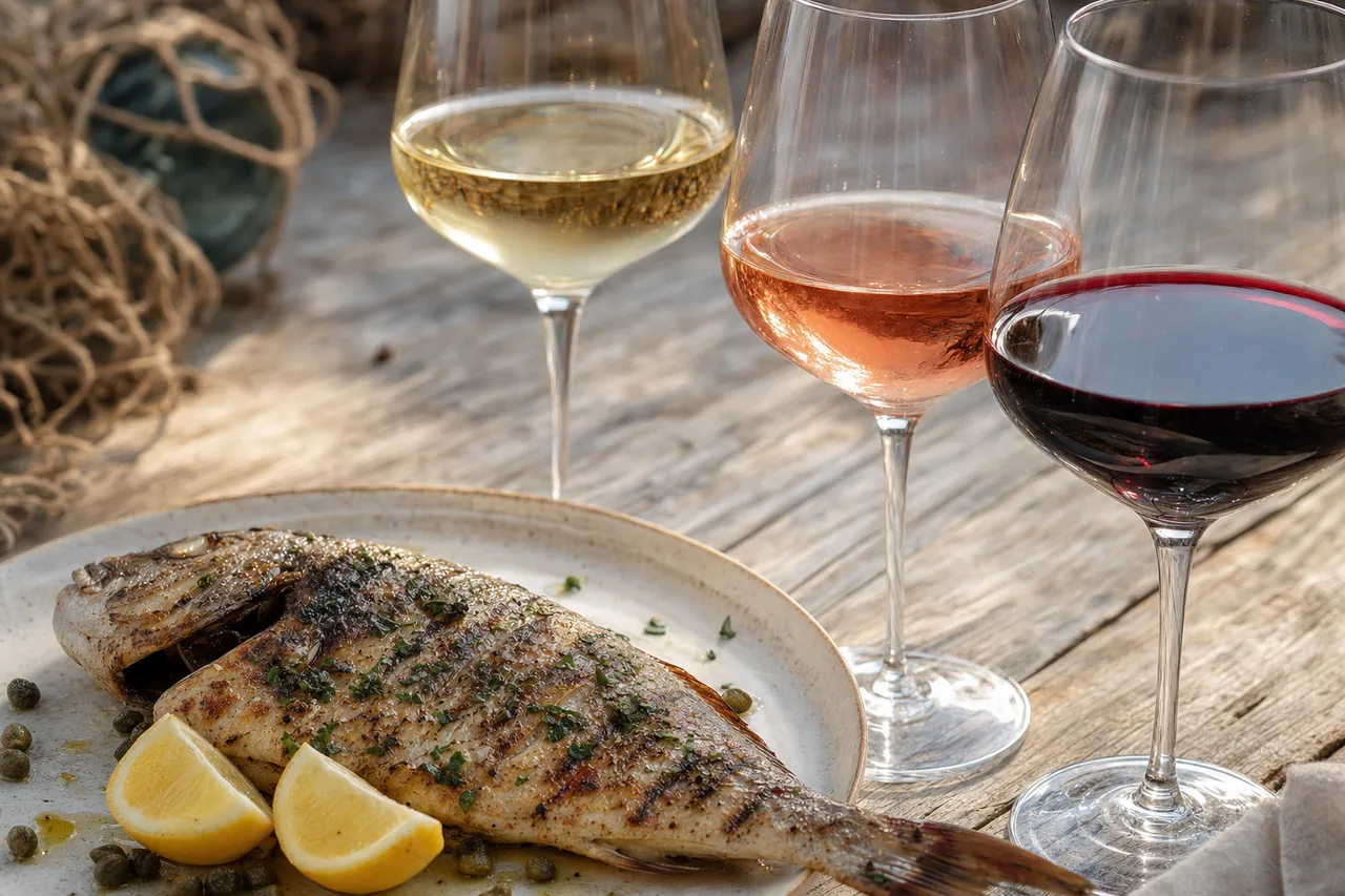 Three glasses of white, rosé and red wine arranged beside a seafood platter