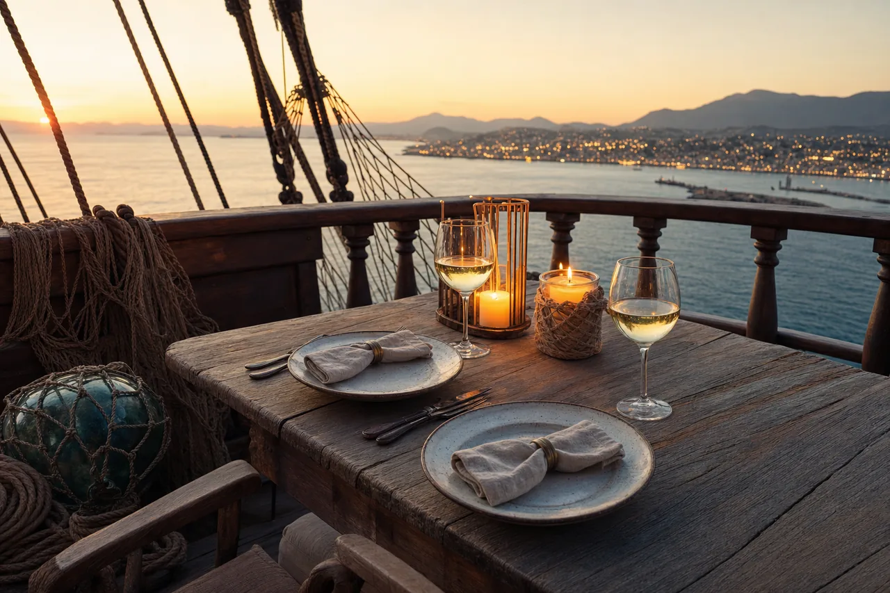 Evening view from a panoramic terrace over the sea and the harbour of Varna