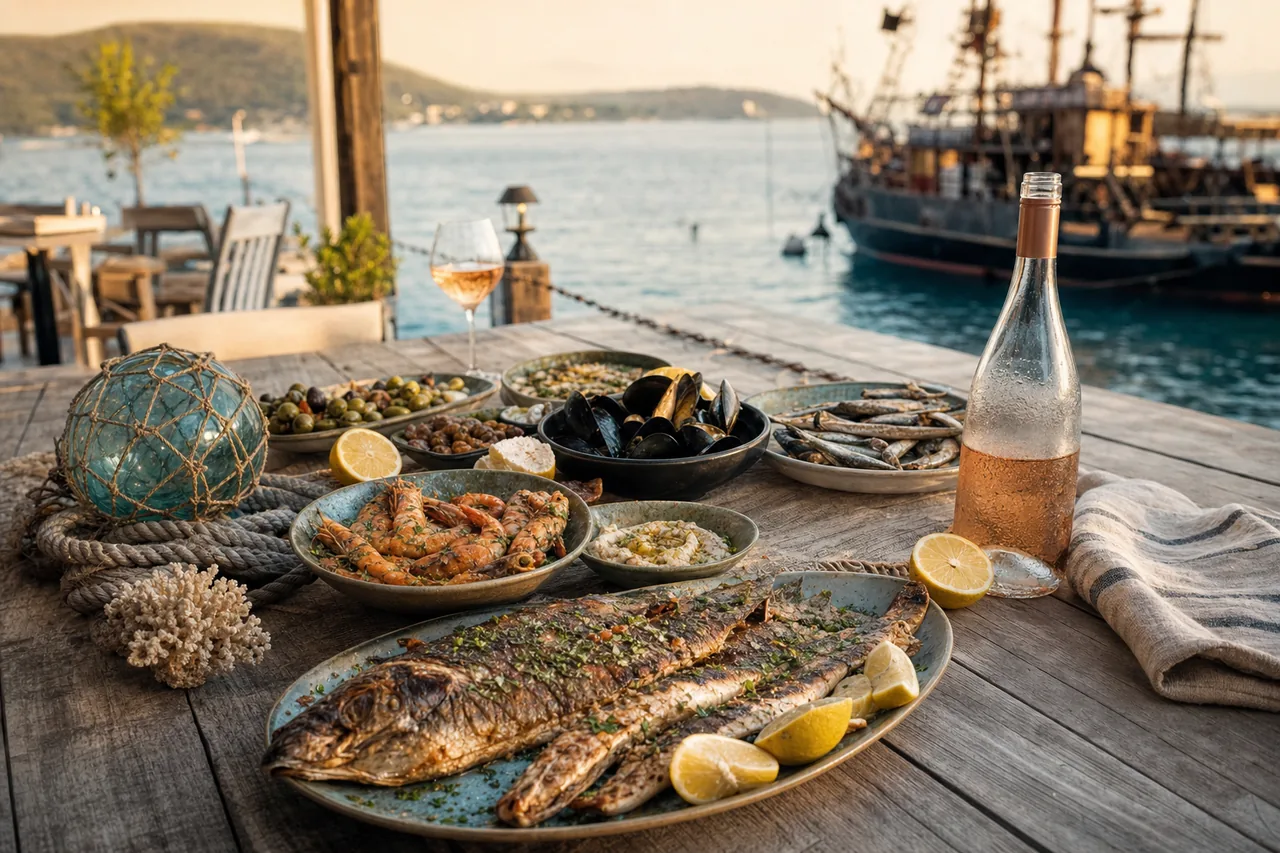 Seafood platter and starters laid out on a long table for a party at home