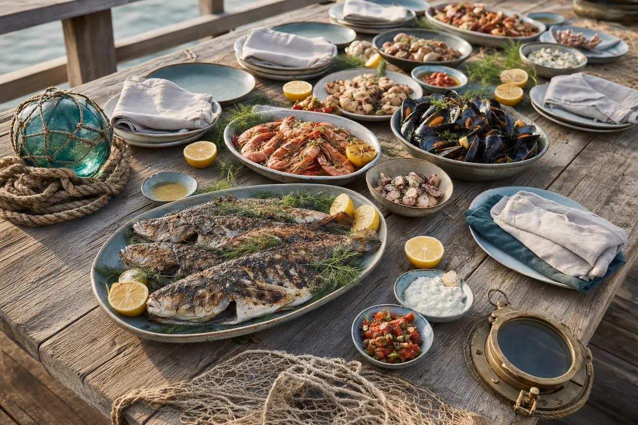 Catering table with seafood laid out for an event in Varna