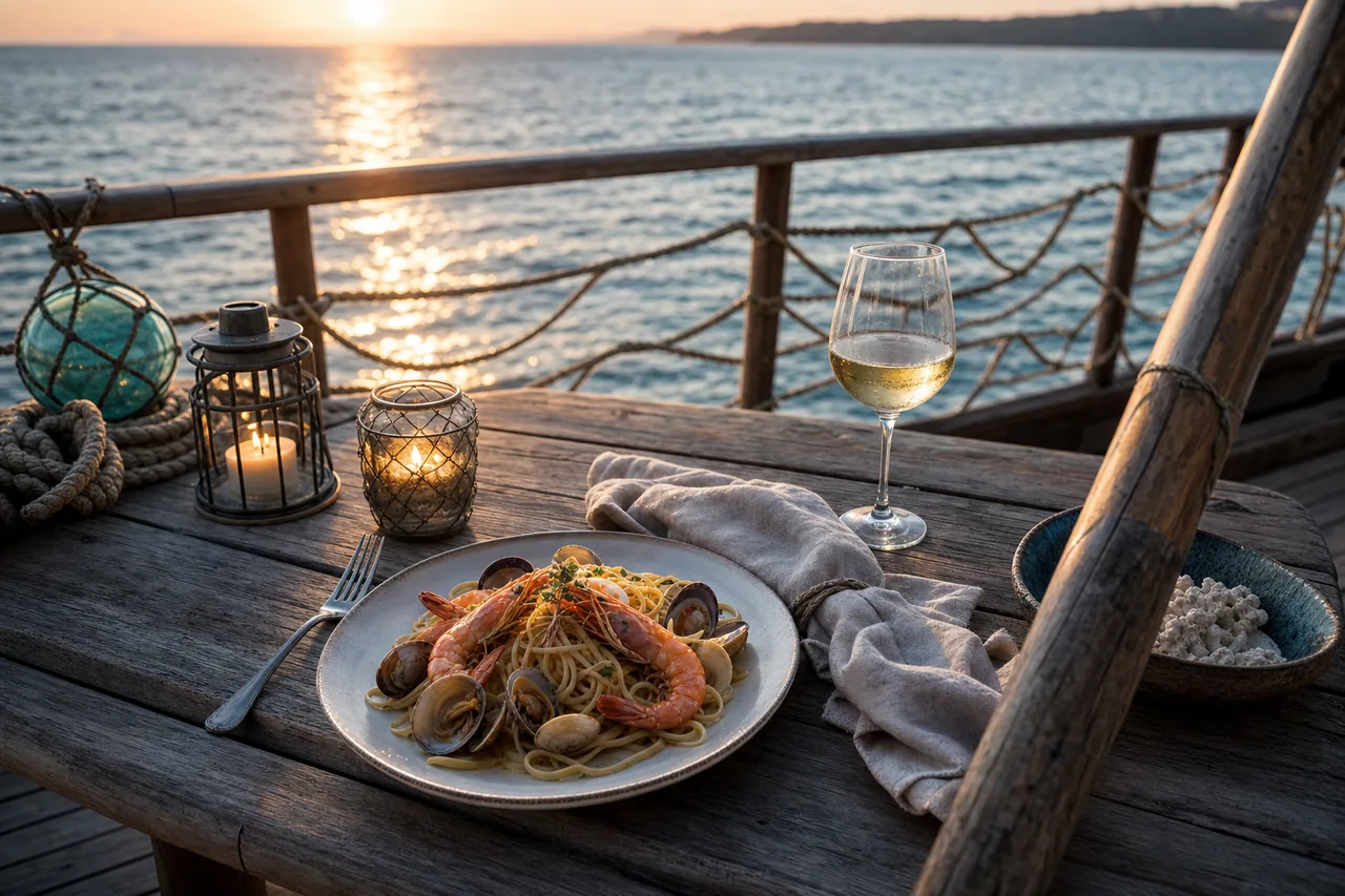 Tables on a sea terrace with candles and a view of the sea in the evening