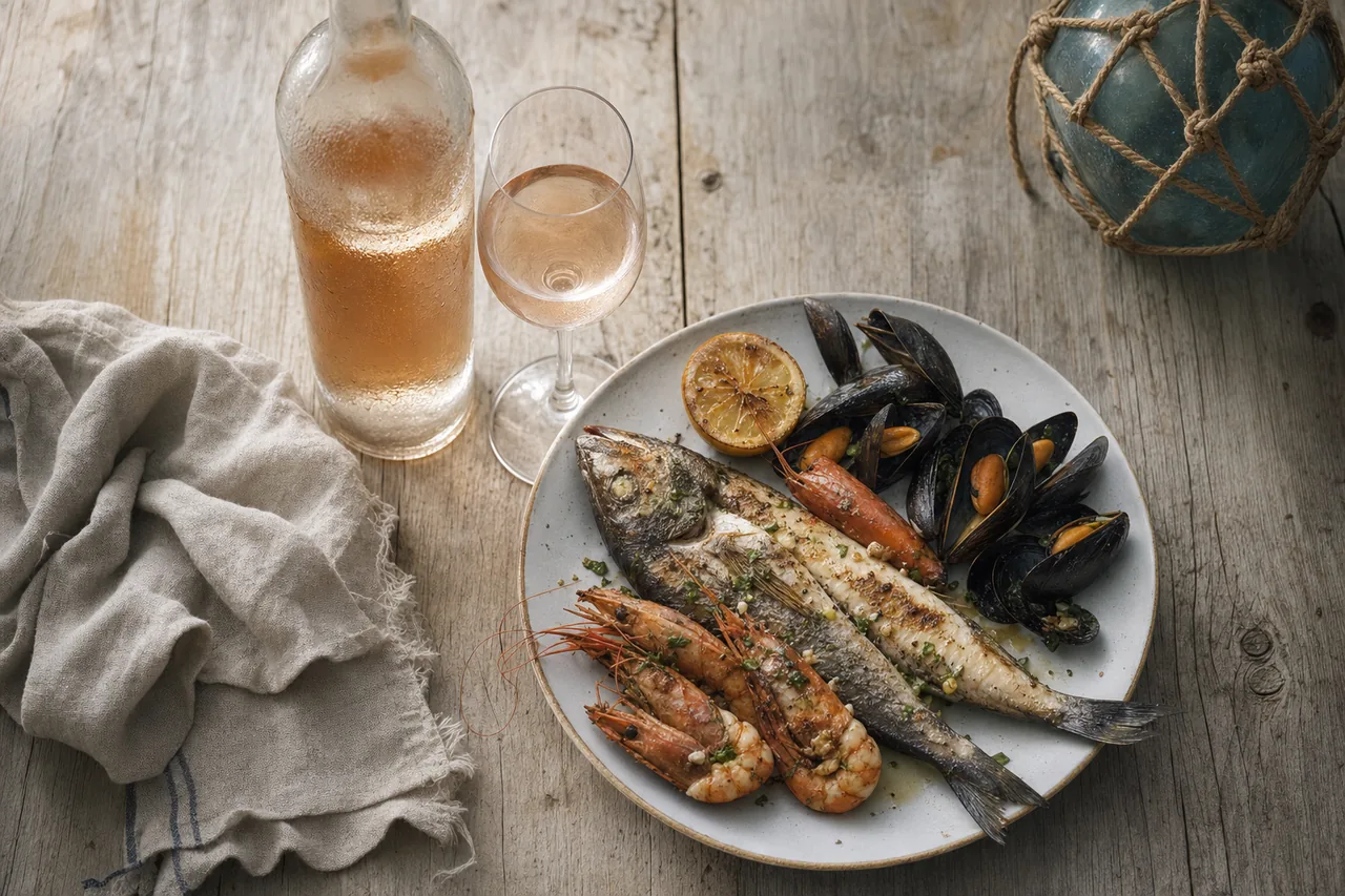 A chilled bottle of rosé and seafood on a table by the sea