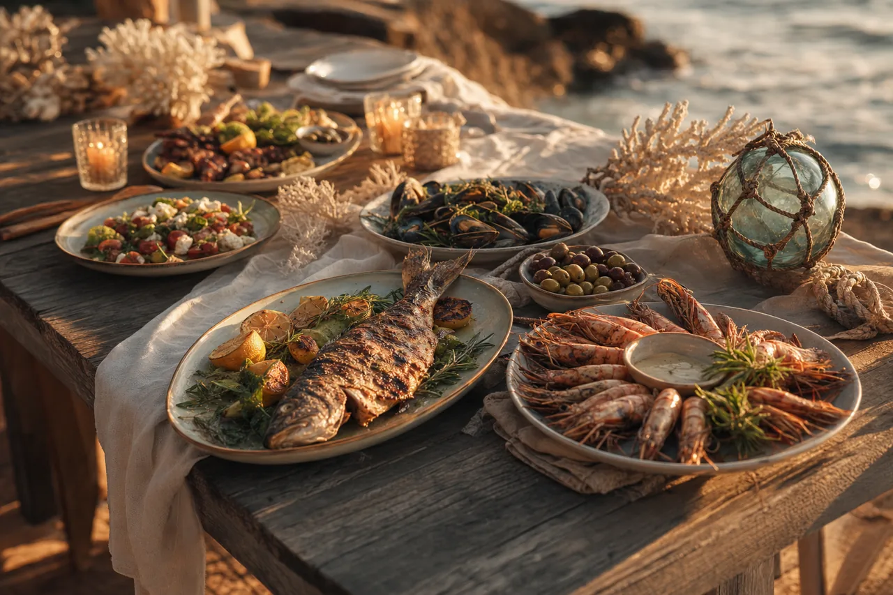 Elegantly laid seafood table for a wedding celebration