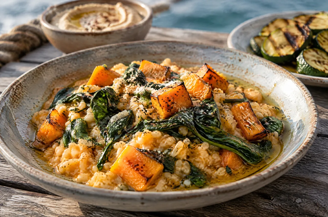 Meze for sharing: hummus, tabbouleh and grilled vegetables on a table at a seaside restaurant