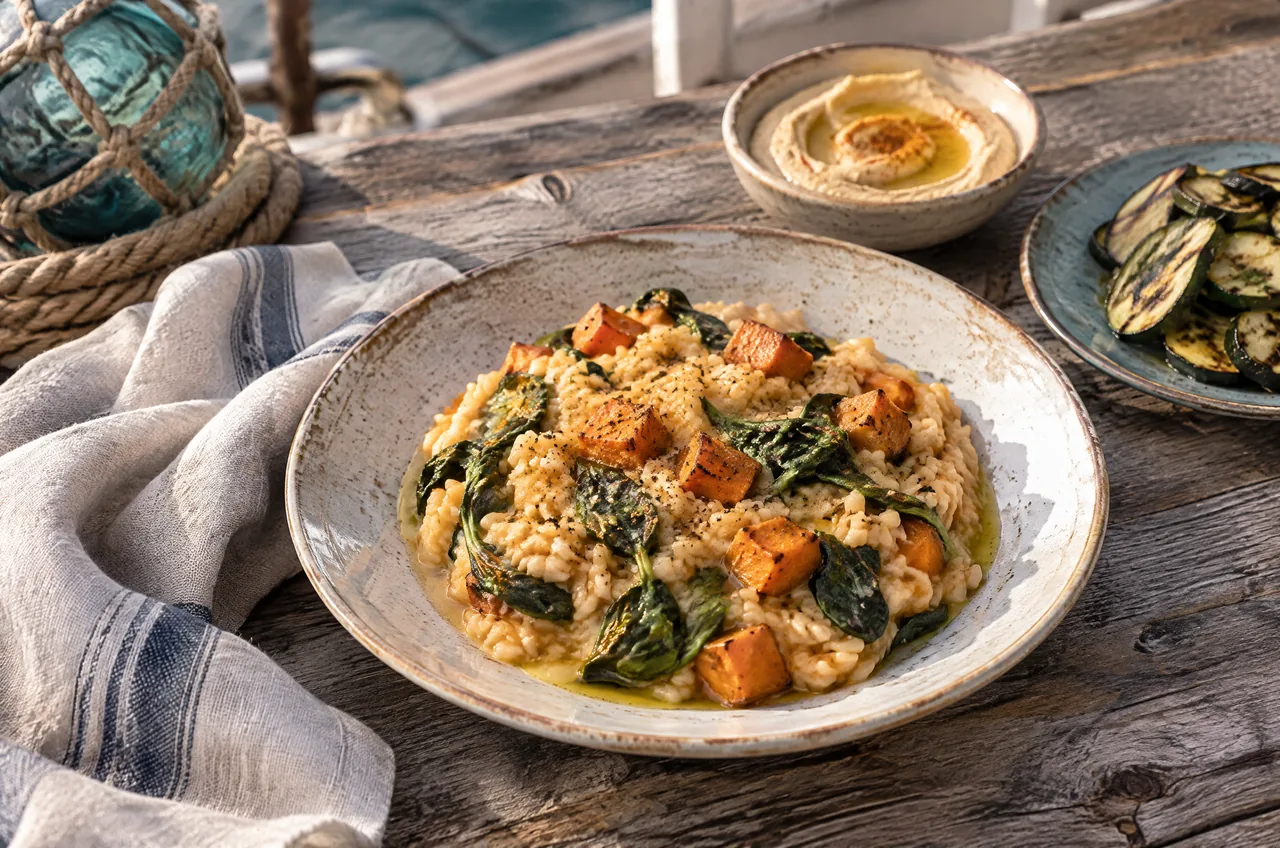 Sweet potato and spinach risotto, a vegetarian dish at a Mediterranean restaurant in Varna