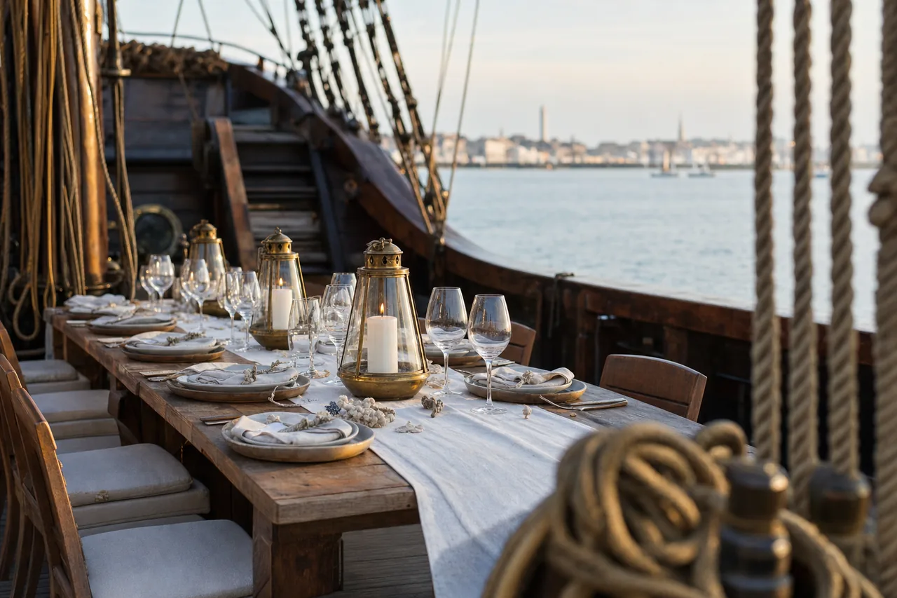 Table laid with white linen and candles in an enclosed hall on a ship restaurant