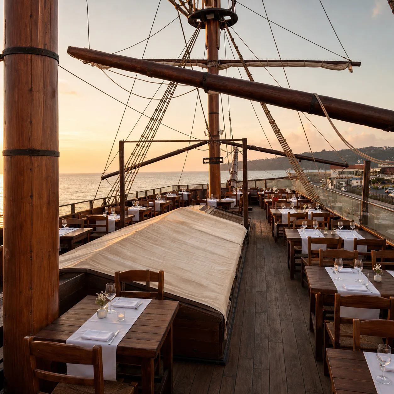 The upper deck at sunset — candlelit tables with a sea view