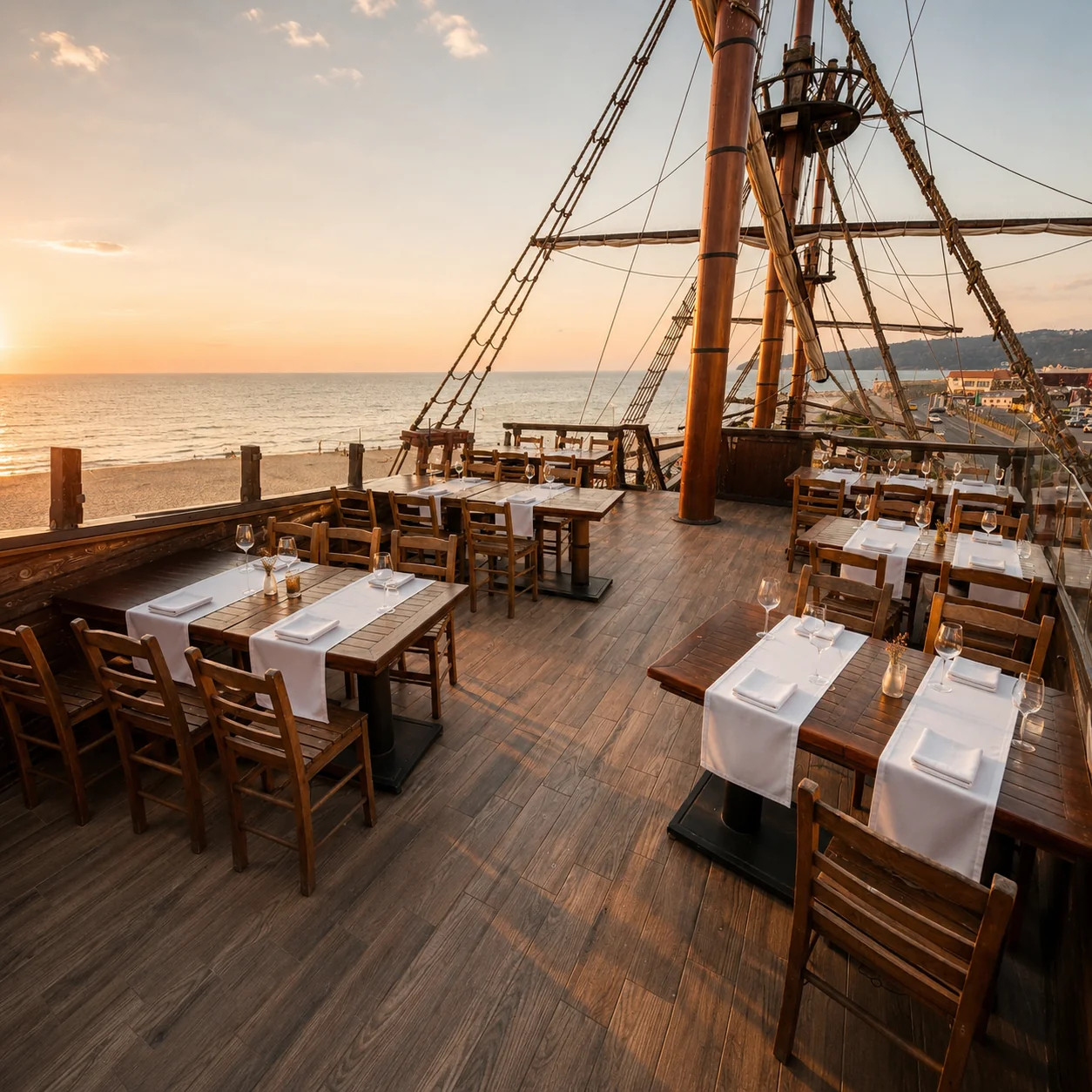 The captain's bridge at sunset — tables with the view from the top of the ship